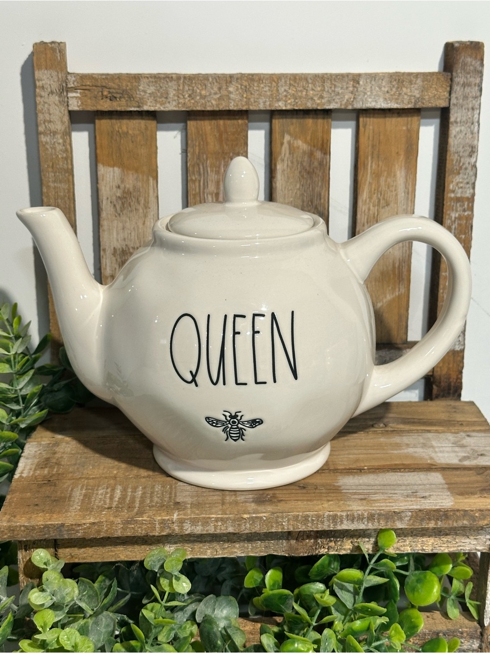 Rae Dunn QUEEN Ceramic Teapot - Decorative Home Kitchen Teapot